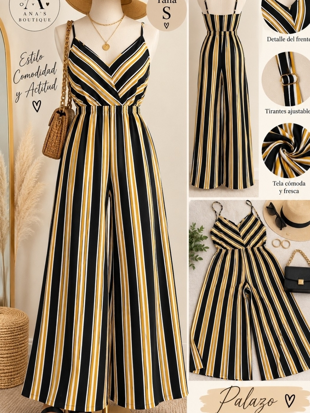 Striped V-Neck Palazzo Jumpsuit Dress — Black & Gold